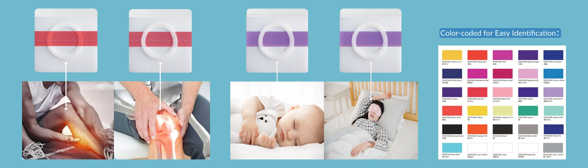 STIC Color-coded Silicone Gel Acupoint Patches – Red for Pain Relief, Purple for Sleep Support, with Color Swatch for Quick and Easy Recognition