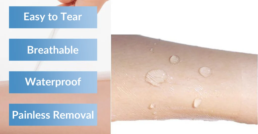 Close up of customized waterproof patch showing breathable durable adhesive and skin friendly silicone material